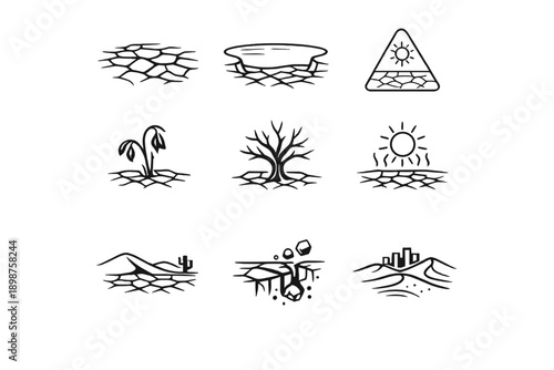 Soil degradation and land pollution line icon set for erosion, contamination and environmental damage