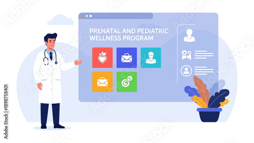 Wellness Program Presentation: A doctor presenting a prenatal and pediatric wellness program, illustrating healthcare information and service.