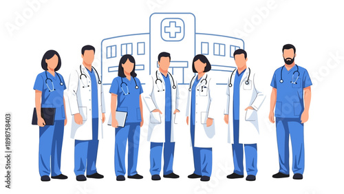 Healthcare Heroes: Group of healthcare professionals in uniform, including doctors and nurses, stand in front of a hospital, ready to provide care and support to those in need. 