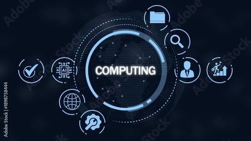 Digital abstract network of interconnected representing computing concepts with a central glowing circle and map background in shades of blue and dark gray
