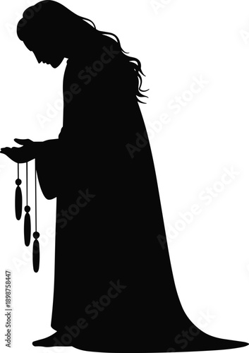 Praying woman silhouette illustration holding rosary beads, spiritual devotion and faith moment, religious worship concept with calm reverence isolated on white