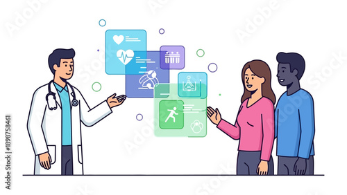 Healthcare Consultation: A medical professional offers insight, using futuristic interface with vibrant displays, as a couple attentively listens and learns.
