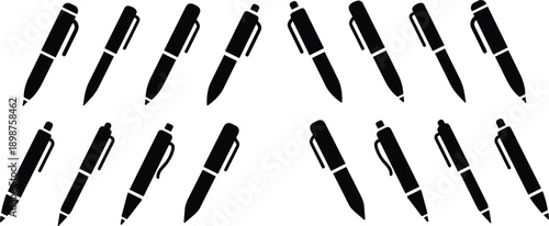 Writing pens icons flat set. Collection of vector icons for writing and artistic tools: pen, pencil, marker