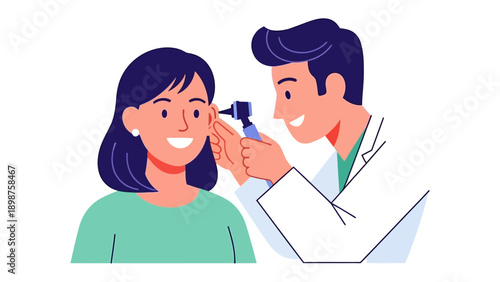 Hearing Check-up: A gentle doctor examines a patient's ear with an otoscope, creating a scene of care and medical precision, which focuses on auditory health.
