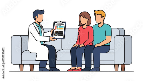 Therapy Session: A doctor attentively consults with a couple during a therapy session, offering guidance and support within a counseling environment.