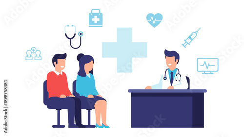 Consultation and Care: A doctor in a clean office setting, engaging in a consultation with two patients. Medical equipment symbols surround the scene.