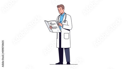 Professional Practitioner Reading Medical Documentation: A focused medical practitioner reviews notes, the image depicting healthcare expertise and medical attention.