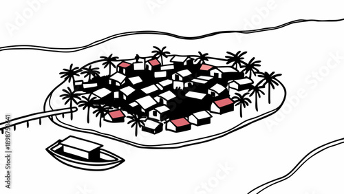 A small coastal village with houses and palm trees on a tropical island