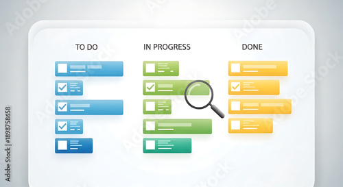Task management board with to do list in progress tasks and completed tasks using a magnifying glass