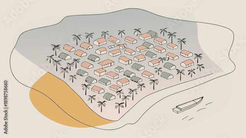Aerial view of a tropical island resort with palm trees and beachside huts