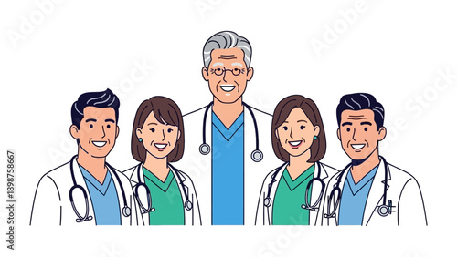 Medical Team: A group of medical professionals, representing a dedicated medical team, stand together, embodying compassion and care, ready to provide medical care.