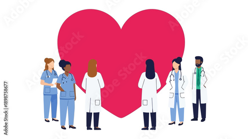 Compassionate Care: A circle of dedicated medical professionals, stand united in their commitment to health, with a vibrant heart symbolizing care, compassion, and well-being.