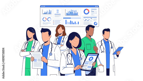 Healthcare Heroes: A group of dedicated medical professionals, united in their mission to provide excellent patient care, stands proudly in the heart of a hospital.