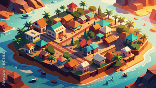 A vibrant island town with colorful buildings and palm trees surrounded by water and rocky cliffs