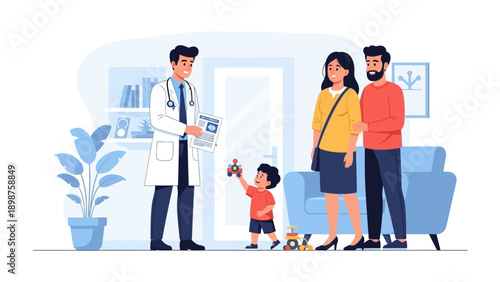 Doctor Visit: A doctor meets with a family in the clinic, creating an atmosphere of trust, safety, and care for health.
