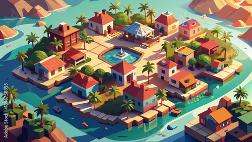A vibrant cartoon island town with colorful buildings and palm trees surrounded by water and mountains