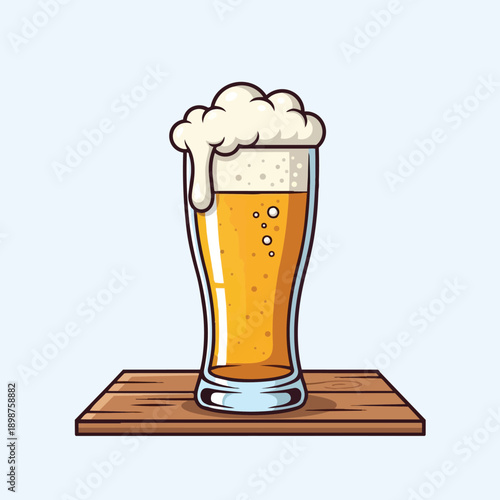 Colorful vector art of a tall glass filled with foamy golden beer standing on a wooden plank with light blue background
