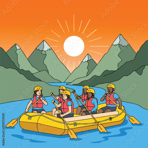 Flat design illustration of six people rowing a yellow raft on blue river surrounded by green mountains under bright orange sunset sky