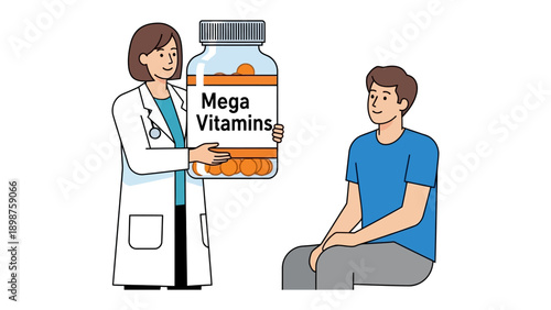 Health Consultation: A medical professional presents a bottle of mega vitamins to a patient, symbolizing healthcare and wellness.