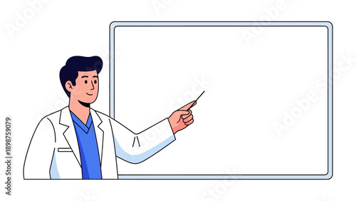 Medical Expert Presenting: An illustration of a knowledgeable doctor pointing at a blank whiteboard, ready for presentation or display, promoting clear communication and insightful medical guidance.
