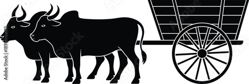 Traditional bullock cart silhouette illustration, pair of oxen pulling wooden wagon, rural village transportation, agriculture lifestyle and heritage culture concept isolated
