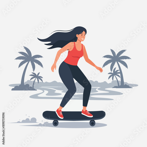 Vector art side view smiling girl skateboarding wearing red tank top and sneakers near palm trees by water with flowing black hair