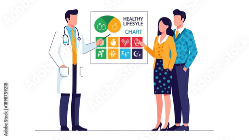 Consulting for Wellness: A healthcare professional guides a couple through a wellness chart, emphasizing the path to a balanced and healthy life.