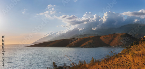 Sunset Panorama over Albanian Riviera Coastline