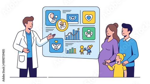 Prenatal Consultation: A healthcare professional guides a couple through an ultrasound, symbolizing pregnancy, parenthood, and the journey of family planning and prenatal care. 