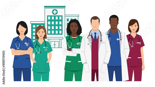 Healthcare Heroes: A diverse group of healthcare professionals stands united in front of a modern medical facility, ready to provide care, embodying dedication, compassion, and expertise.