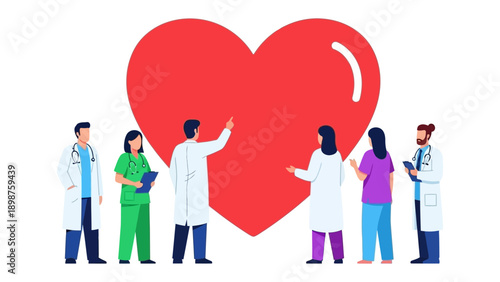 Healthcare's Heart: A dedicated team of medical professionals surrounds a vibrant red heart, symbolizing their unwavering commitment to patient well-being and compassionate care. 