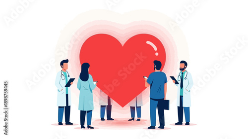 Healthcare Heart Team: A dedicated healthcare team surrounds a vibrant heart symbol, representing the core of health, care, and well-being. Focusing on care and compassion.