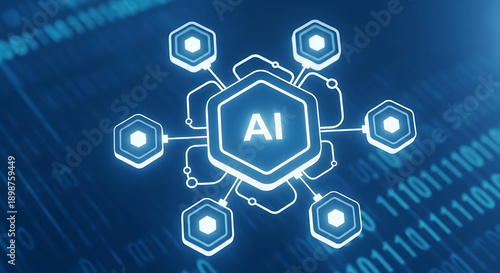 Artificial intelligence concept with hexagonal network nodes on blue circuit background with binary code