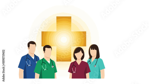 Healthcare Heroes United: A dedicated healthcare team stands together, embodying unity and compassion against a backdrop of a symbol of medical assistance, radiating hope and healing.