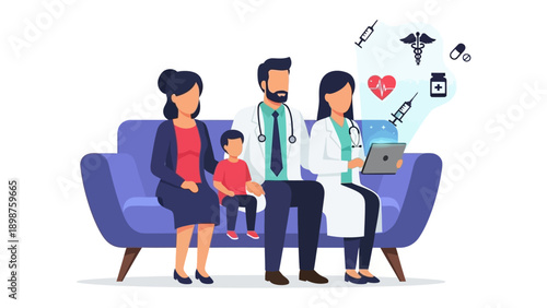 Consultation of Family with Doctor: An illustration captures a family consulting with medical staff, symbolizing health, care, and the doctor-patient relationship