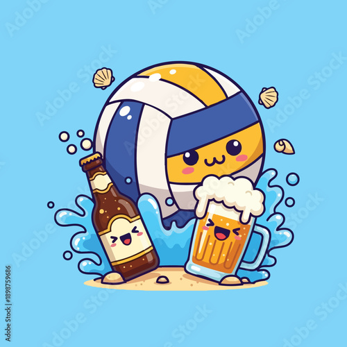 Cute kawaii volleyball with headband splashing water next to smiling beer bottle and frothy beer mug on sandy beach