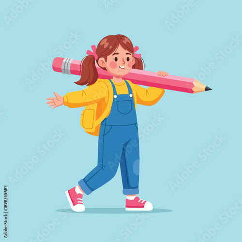 Colorful vector illustration of smiling girl walking with giant pink pencil on shoulder wearing yellow jacket and blue overalls