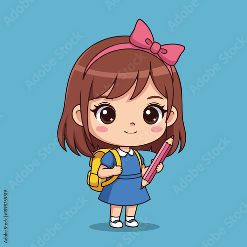 Cute chibi girl holding large pink pencil wearing blue dress yellow backpack with pink bow on head smiling front view