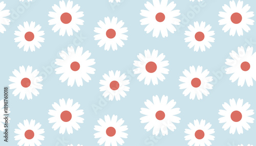  Seamless White Daisy  Wildflower Pattern, Retro Floral Vector Background.
