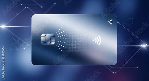 Modern credit card with contactless payment technology and chip on a dark blue background with glowing lines and dots