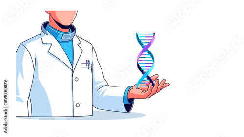 Genetics Study: A scientific depiction of a scientist or doctor holding a DNA helix, symbolizing genetics, healthcare, and innovation in a medical laboratory.