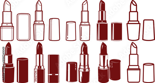 Various red lipsticks and cases in different styles on transparent background
