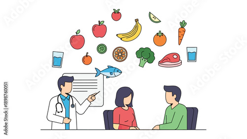 Dietary Guidance Session: A medical professional provides dietary recommendations to a couple, highlighting a variety of nutritious foods that promote wellness