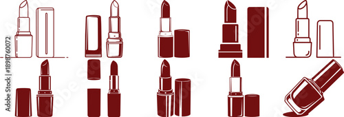 Red lipstick and nail polish bottle icons set isolated