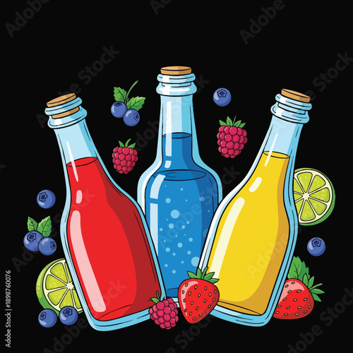 Colorful illustration of red blue and yellow juice bottles surrounded by fresh berries and lime slices on black background