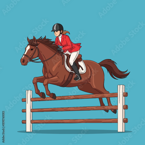 Colorful vector art showing female equestrian in red jacket and black helmet jumping brown horse over wooden fence with blue background