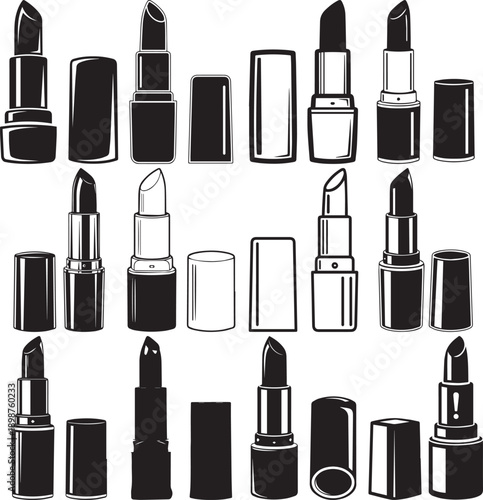 Collection of lipstick and lipstick cap icons in black and white isolated