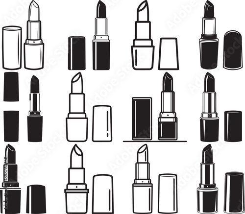 Set of lipstick and lipstick cap icons with transparent background
