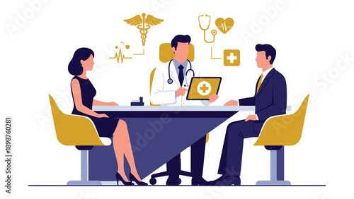 Medical Consultation: A couple engages in a consultation with a doctor, discussing health concerns and receiving professional advice. Representing trust and open communication.