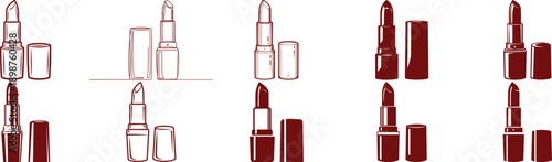 Outline lipstick and lipstick cap icons in red color isolated